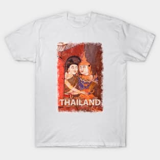 Antique Thai colorful temple mural of a young couple embracing in traditional period ceremonial clothing T-Shirt